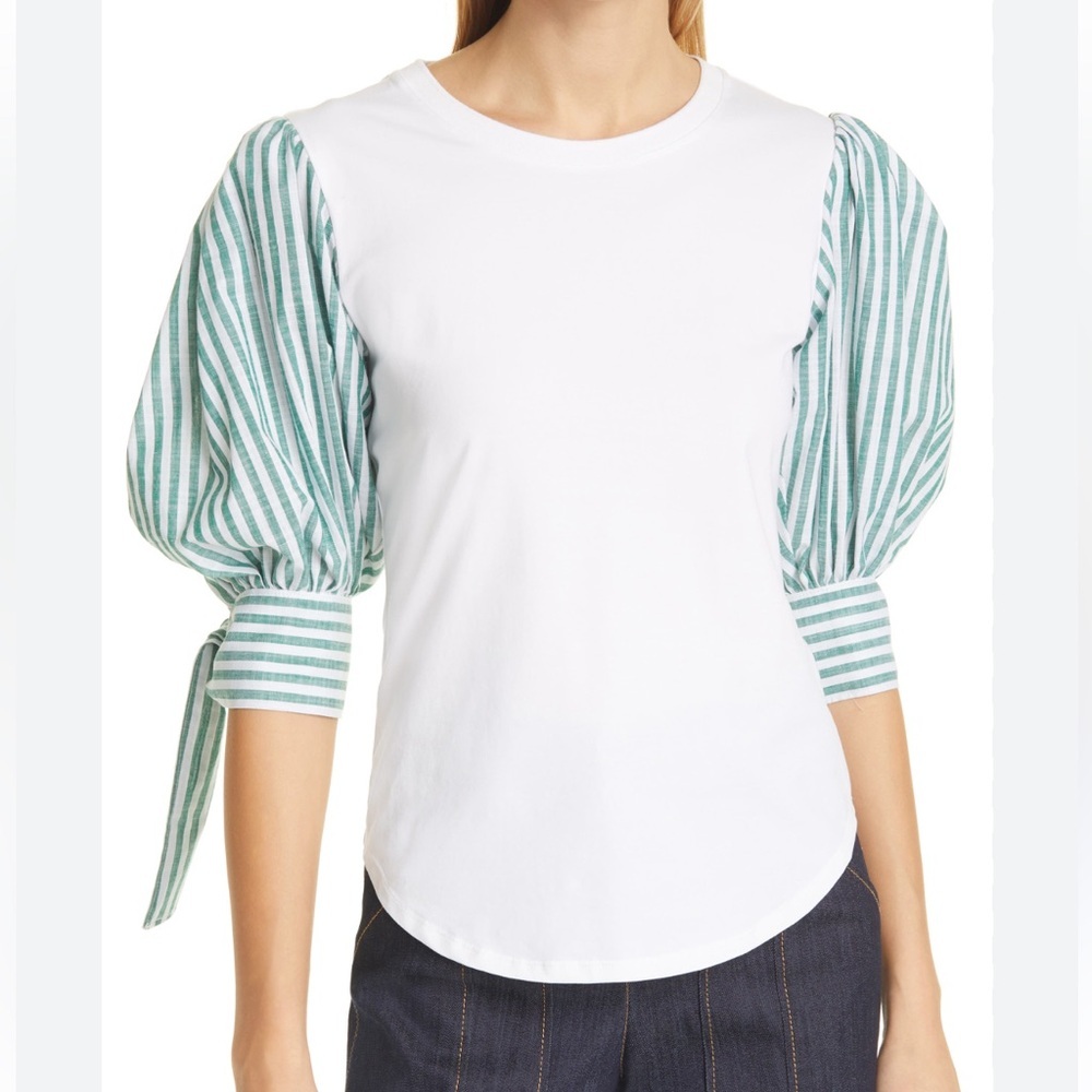 Cinq A Sept Women's White Green Carlie Tie Puff Sleeve Top Size S